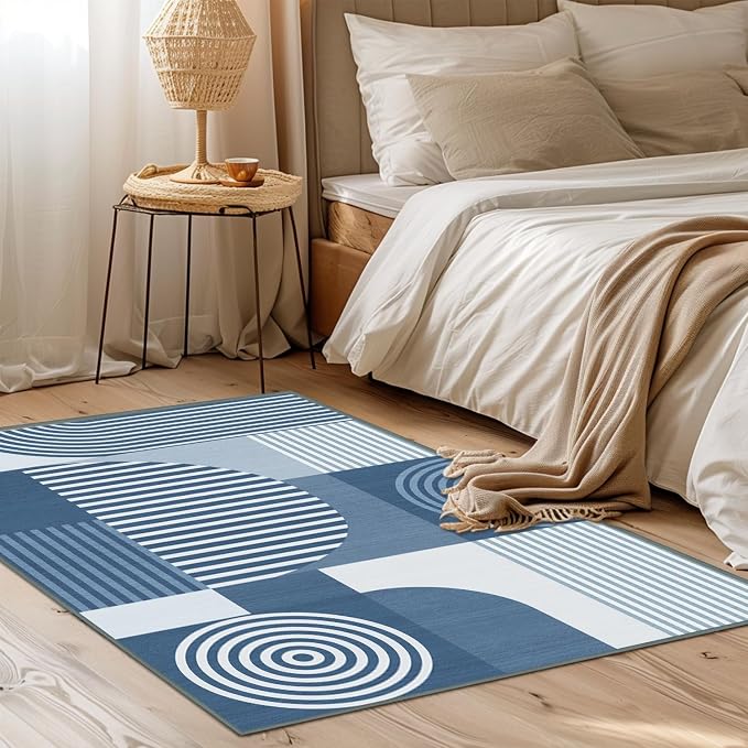 Blue Geometric Rug 2x3 for Entryway Machine Washable Mid Century Modern Rug Non Slip Low Pile Minimalist Line Rugs Door Indoor Mat Carpet for Bathroom Bedroom Kitchen Laundry,Blue