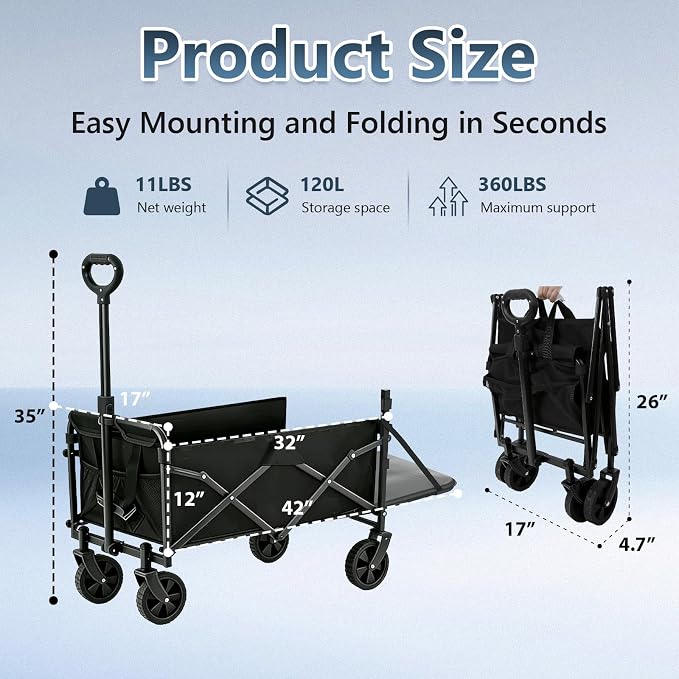 Heavy Duty Collapsible Wagon Cart，350lb Capacity 100L Extra Large Foldable Utility Wagon，Portable Folding Garden Cart with Cup Holders for Camping, Groceries, Beach