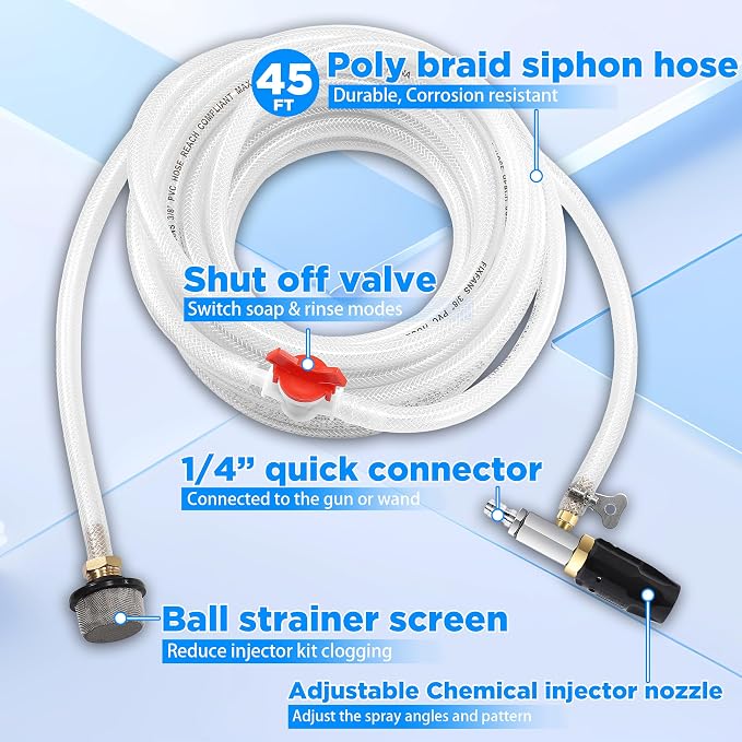 FIXFANS Pressure Washer Long Range Nozzle 3-3.5 GPM with 45 FT Braid Hose | Adjustable Downstream Injector Power Washer Spray Nozzle Kit, External Chemical Injection, 1/4'' Quick Connect, 2000-3000PSI