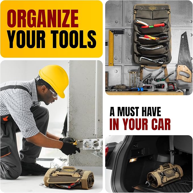 The Ryker Bag Tool Roll Organizer with Detachable Pockets – Heavy Duty Roll-Up ToolBag for Mechanics, Electricians, Plumbers, Contractors, Garage & Job Site Use Gift for Dads (AP-TR)