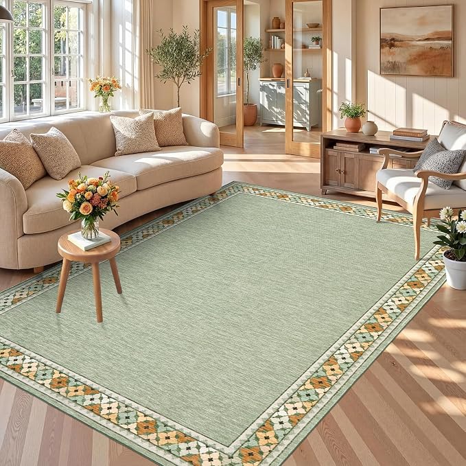 Garvee 8x10 Tribal Border Washable Rugs for Living Room Bedroom Rug, Green | Floral Border Area Rug Stain Resistant Easy Cleaning Throw Rugs Low Pile Floor Cover for Nursery Dining Room Apartment