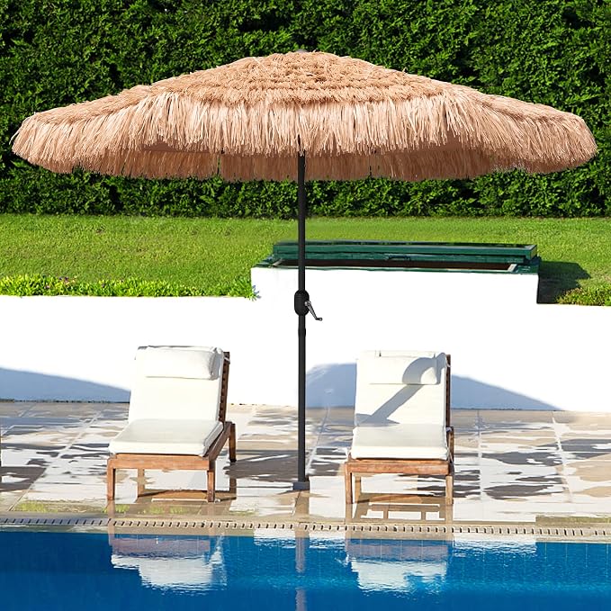 AMMSUN 9ft Hula Thatched Tiki Umbrella Hawaiian Style Beach Patio Umbrella and 8 Ribs with Crank Lift UPF 50+ Outdoor Tiki Bar, Tropical Palapa, Patio Garden Beach Pool Backyard Natural Color