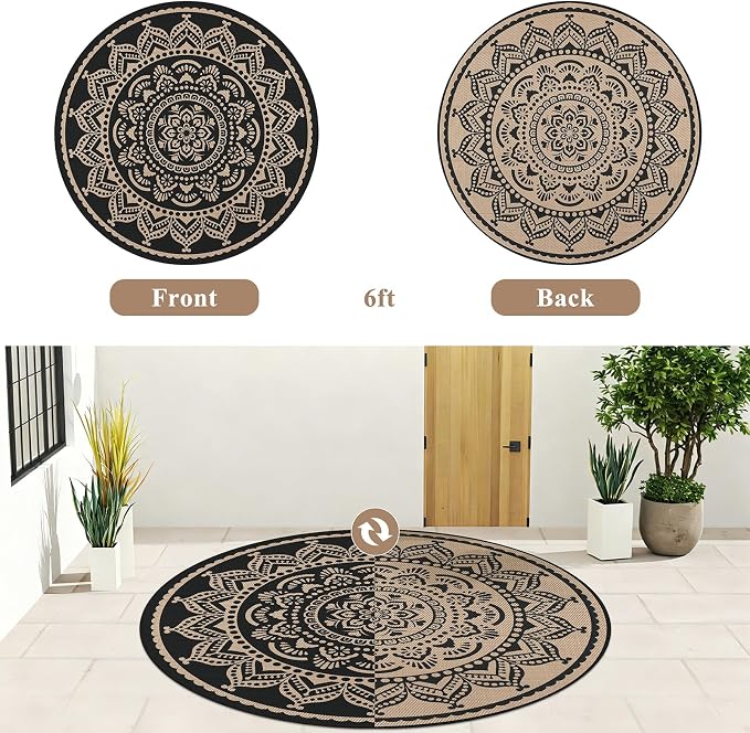Bsmathom Waterproof Outdoor Rug, 6ft Round, Black | Reversible, Boho Plastic Straw, Portable RV Mat, For Patio Deck Camping Porch Balcony Backyard Beach Pool