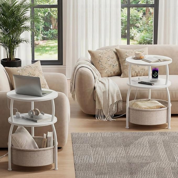 Round Side Table with Charging Station, USB Type C Port, White | Small Table with Storage Basket,Tall Side Table for Sofa,Small Spaces, Nightstand for Living Room Bedroom, 15.75in