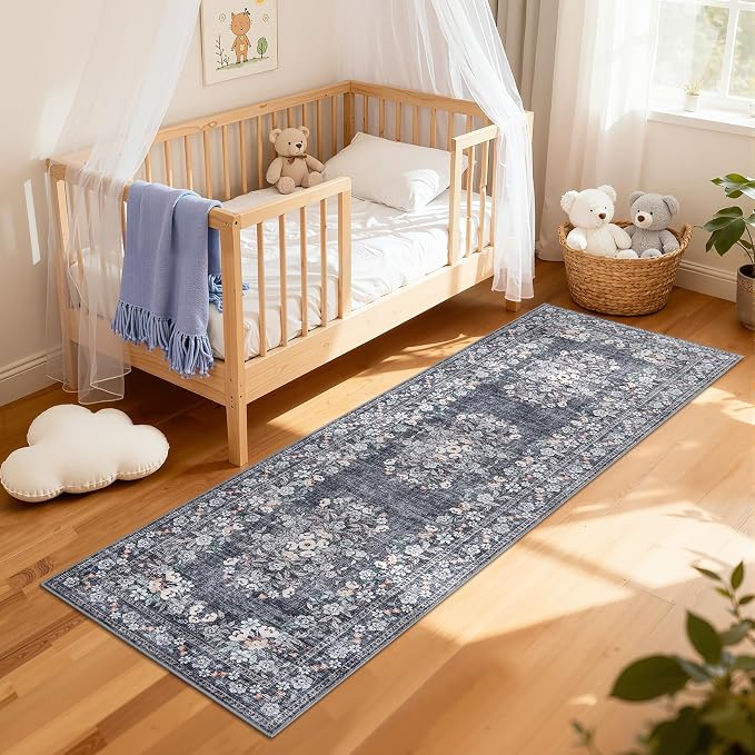 GarveeHome Vintage 2x6 Runner Rug for Hallway Boho Flower Floor Carpets | Non-Slip Machine Washable Accent Mats Botanical Bathroom Runners Low Pile Floral Area Rugs for Kitchen Bedside Blue
