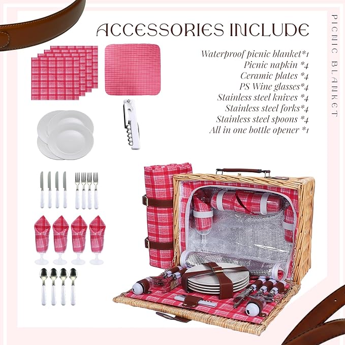 Picnic Baskets Wicker Willow Picnic Set for 4 Persons with Insulated Cooler Bag and Waterproof Pink Plaid Picnic Blanket Gift for Christmas Thanksgiving Wedding Birthday Camp Outdoor Beach Travel