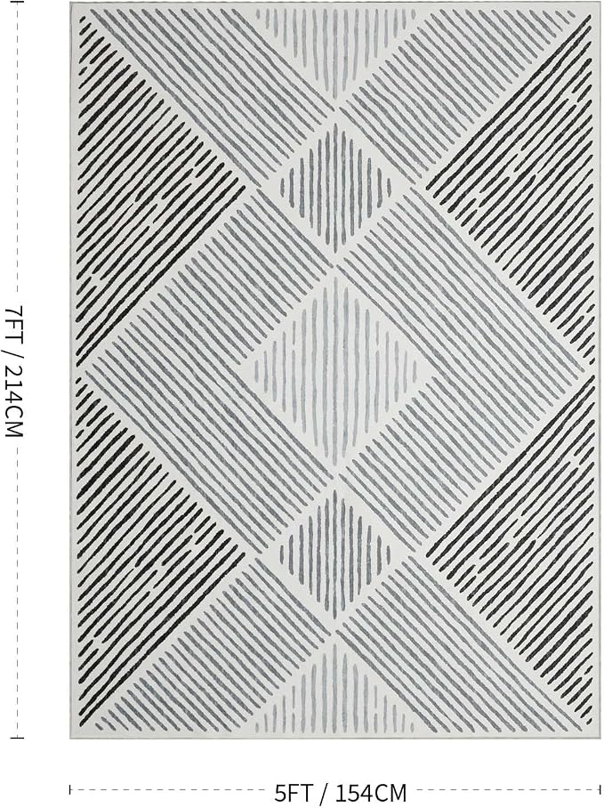 5‘x7' Washable Black and White Rug, Modern Area Rug for Living Room | Non-Slip, Low Pile, Stain Resistant, Black Geometric Stripe Rug for Bedroom Dining Room