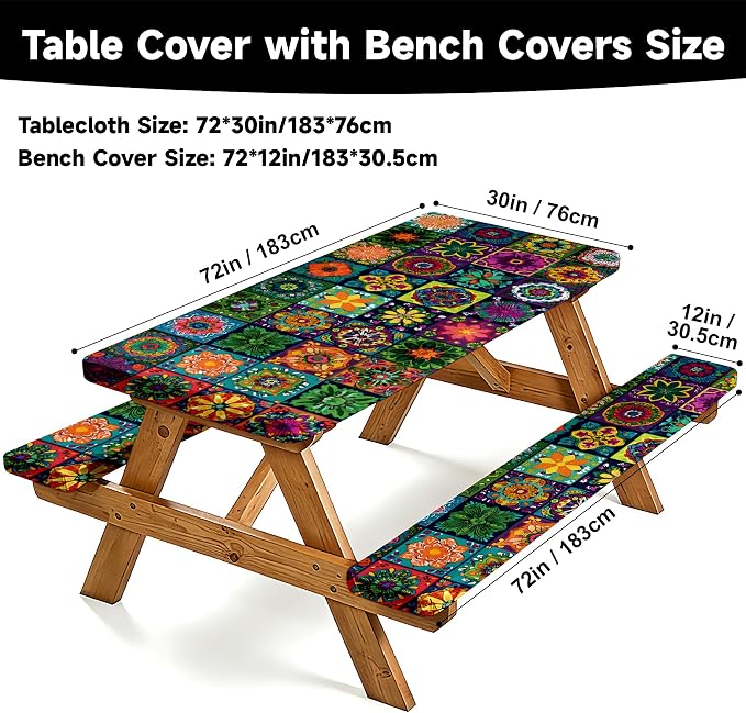 NYZE 3 Pieces Picnic Table Cover with Bench Covers Set, Camping Tablecloth, Tablecloth Cover with Drawstring Bag, Camping Essentials for Outdoor Picnics, Patio, BBQ (Colorful Mandala)
