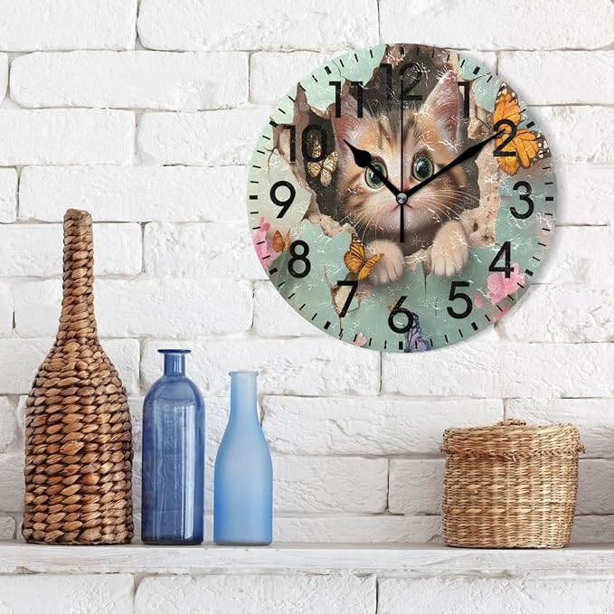 ALAZA Home Decor Kitten Cat Butterfly Wall Round Acrylic 9.84 Inch Wall Clock Non Ticking Silent Clock Art for Living Room Kitchen Bedroom