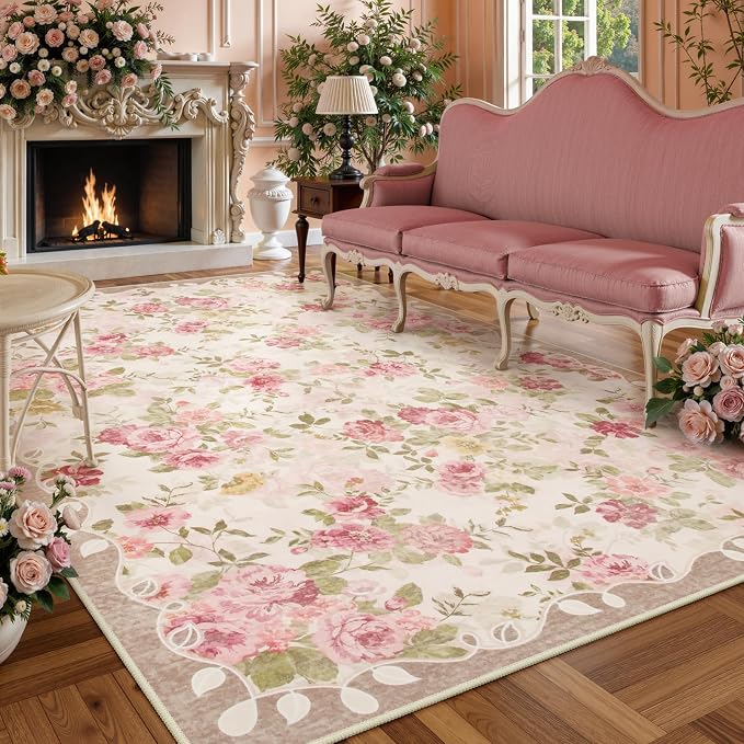 Lahome Vintage Floral 8x10 Area Rugs,Pink Large Living Room Rugs | Machine Washable, Low Pile Pink Rugs for Bedroom Girls Carpet for Nursery Rug Playroom Dining Room Nina(8'X10',Beige)