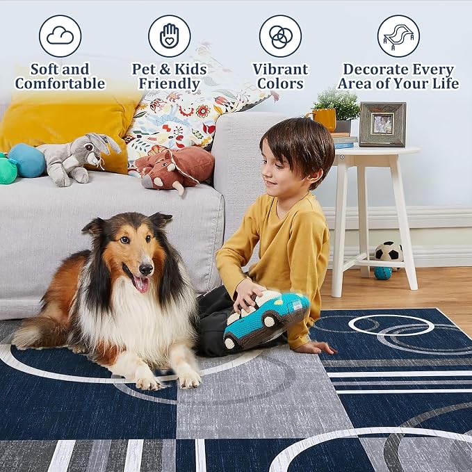 RUGSREAL Washable Rug 4x6 Abstract Circles Area Rugs Non Slip Floor Carpet | Contemporary Soft Rug Low Pile Accent Rugs for Indoor Living Dining Room