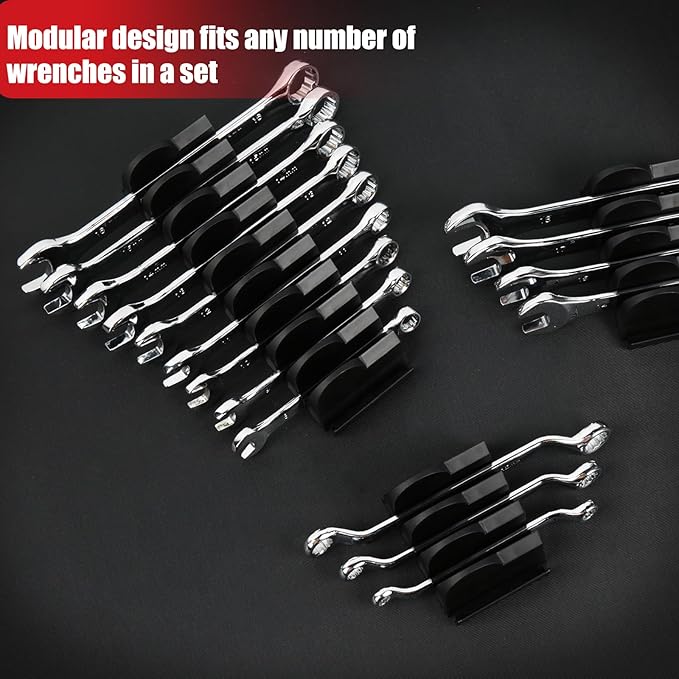 DEHOYI 48 pcs MAGNETIC Modular Wrench Organizers for Tool Drawers - Wrench Rack with Metric&SAE Labels, Perfect Tool Storage Holder with Magnet. Gift for mechanics (Black)