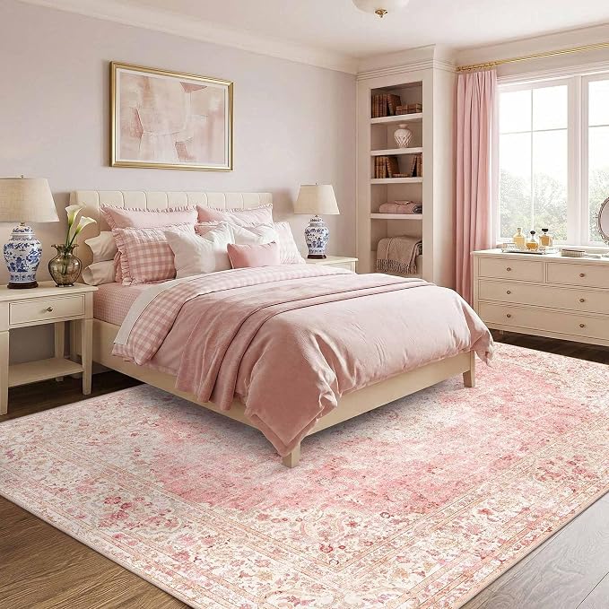 Latte&Fog 8x10 Area Rugs for Living Room Washable Large Pink Rugs Cute | Non Slip Low Pile Soft Floral Carpet for Girls Bedroom Dining Kitchen Kids Playroom Nursery Classroom Dorm Farmhouse Office