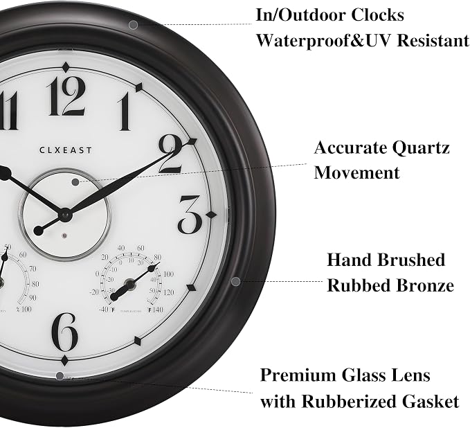 CLXEAST Illuminated Indoor Outdoor Clocks Waterproof 18 inch with Smart Night Light Sensor,Large Wall Clock with Thermometer & Hygrometer,Oil Rubbed Bronze Black