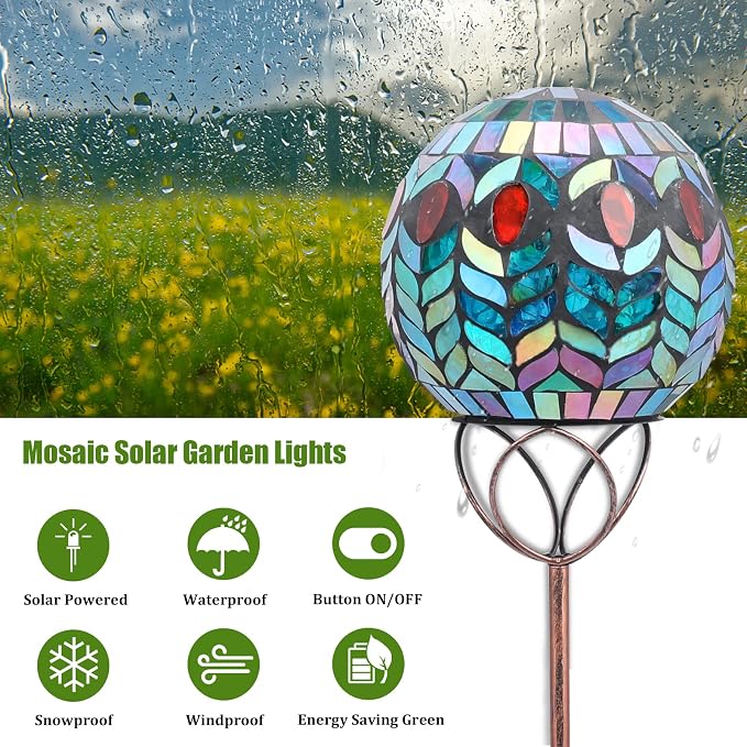 VCUTEKA Decorative Solar Garden Lights, 6" Mosaic Globe Outdoor Stake | Mosaic Glass Design with Solar Light, Weather Resistant, Auto On/Off and Metal Stake Design For Lawn and Patio, Red & Blue