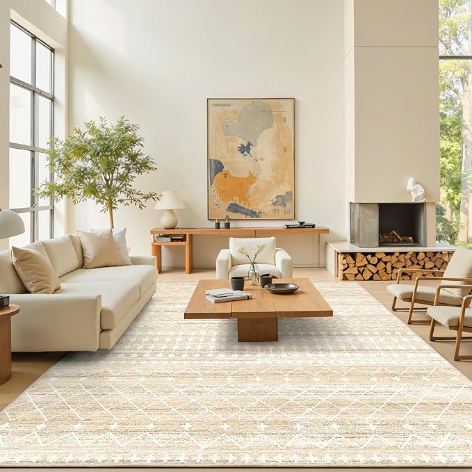 Miukiki 8x10 Area Rug for Living Room, Washable Soft Non Slip Rug Beige | Moroccan Large Indoor Rug for Kitchen Bedroom Dining Room Office, Low Pile Soft Floor Carpet Home Decor 8'x10'
