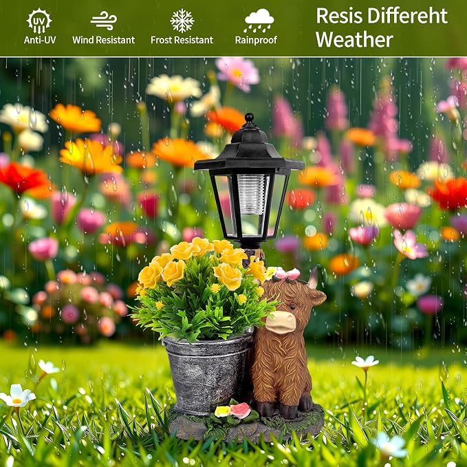 Solar Highland Cow Outdoor Garden Statues with Flowerpot & Lantern Decor | Highland Cow Figurine for Yard Art Lawn Ornaments Porch Patio Balcony - Birthday Gifts for Women Mom