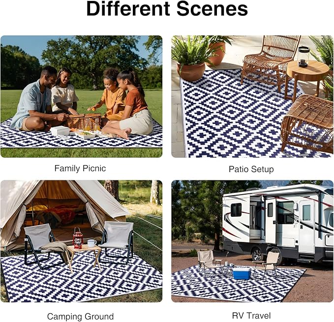 OLANLY Waterproof Outdoor Rug 9x18 ft, Outdoor Plastic Straw Rug for Camping, RV Mat Outside, Indoor Outdoor Carpet for Porch, Deck, Backyard, Balcony, Picnic, Navy & White