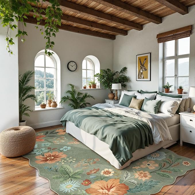 Lahome Floral Washable 6x9 Area Rugs, Green Rug for Living Room Bedroom | Soft Ultra-Thin Non Slip Dining Room Rug Stain Resistant Boho Green Rugs Throw Carpet for Office Flore (6'x9', Green)
