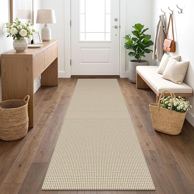 KOZYFLY Runners for Hallways 2x7 ft Washable Kitchen Runner Non Slip Rubber Backed Hall Runners Cotton Entryway Runner Rugs for Indoor Backdoor Bedroom Kitchen, Ivory/Camel/Brown