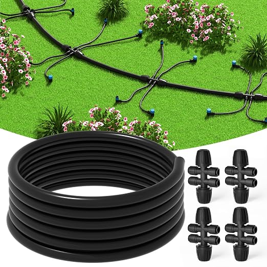 MIXC 50 FT 1/2 Inch Drip Irrigation Tubing Kit:Premium Garden and Landscape Watering System with 4 Quick Connector 4-Way Connector