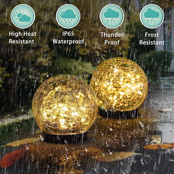 SyouHome Solar Garden Lights Outdoor Waterproof, 4 Pack LEDs Cracked Glass Ball Light, Ground Landscape Garden Decor, Solar Globe Decorative for Pathway/Patio/Lawn/Yard