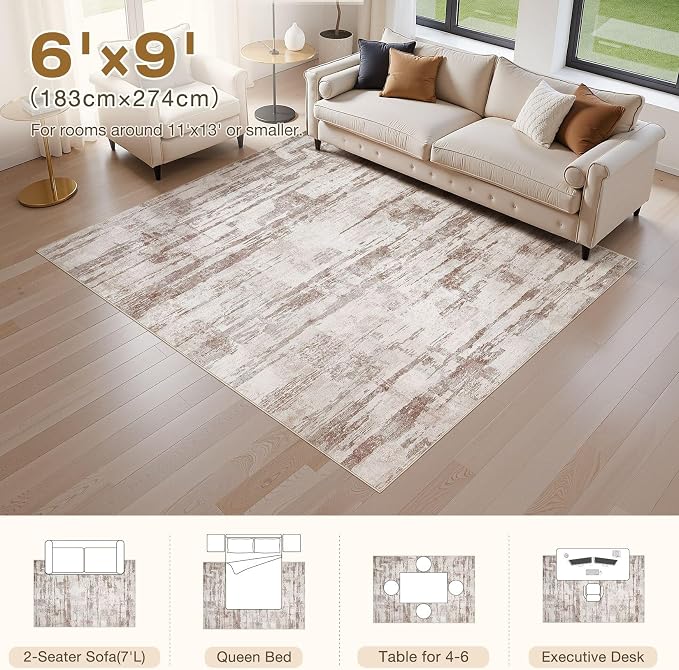 kakania Abstract 6x9 Area Rugs for Living Room: Washable Rugs Light Brown | Soft, Non-Slip, Low-Pile, Pet & Kid Friendly - Modern Home Decor Carpet for Bedroom/Dining Room/Office/Nursery