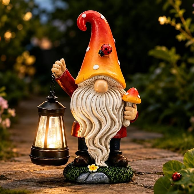 Solar Garden Gnome Statue : Mushroom Outdoor Lantern Decor | Waterproof Resin,Figurine Lights,Yard Lawn Porch Balcony Patio Home Decorations,Gifts for Mom Women Grandma