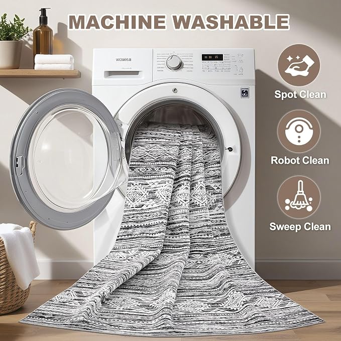 Nakagishi Area Rug Living Room Rugs: 7X9 Machine Washable Boho Large Neutral Farmhouse Stain Resistant Moroccan Indoor Floor Carpet for Bedroom Nursery Dorm Dining Room Home-White Black