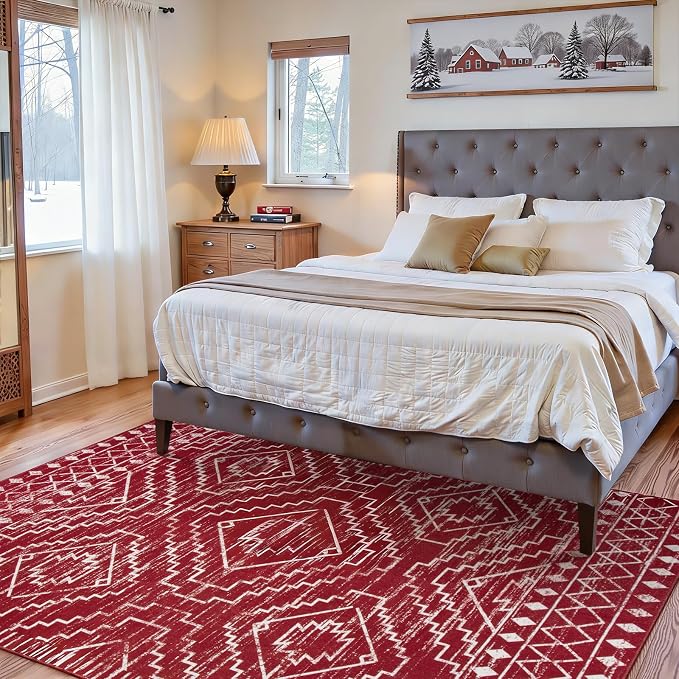 Wonnitar Moroccan Washable 5x7 Rug for Living Room, Soft Chrisrmas Rug for Bedroom, Non-Slip Stain Resistant Geometric Floor Carpet for Dining Table Kitchen Dorm (Red,5'x7')