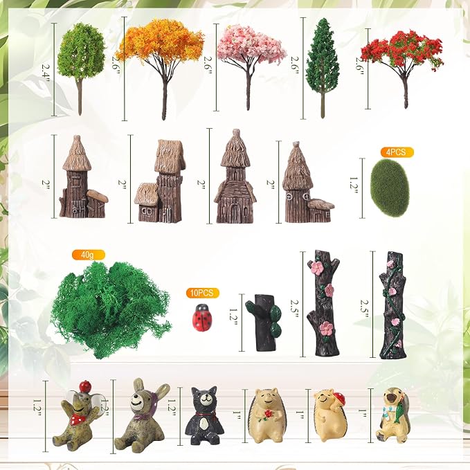 58 Pcs Miniature Garden Set Flower Angel Fairy House Animals Trees Diorama Supplies Fairy Village Mini Terrarium Figurines Micro Landscape Ornaments for DIY Garden Decor Succulent Dollhouse Craft