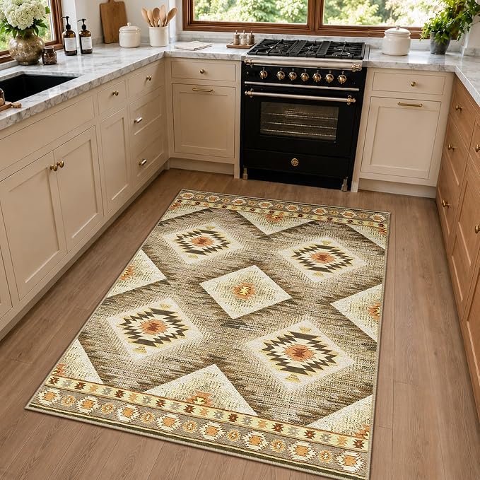 Area Rug 3x5 Machine Washable Non-Slip Low Pile Print Pattern Western Rug for Living Room Bedroom Entryway Tribal Series Cream/Camel | Soft Western No Slip Low Pile Print Foldable Indoor for Kitchen Dining Room