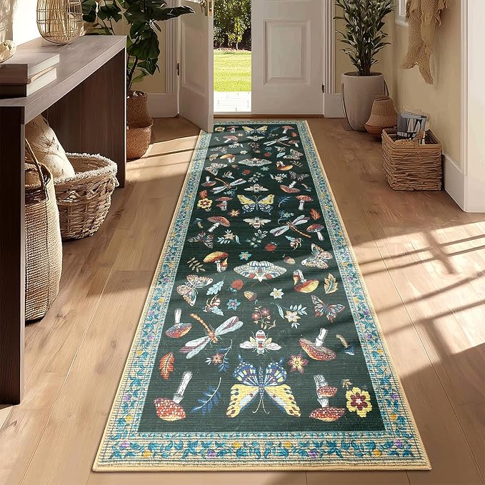 ROYHOME Mushroom Insect 2x6 Kitchen Runner Rug for Hallways Black | Entryway Bedroom Bathroom Washable Bug Moth Cute Funky Cottage Core Whimsical Boy Rugs Low-Pile Non-Slip TPE Backing