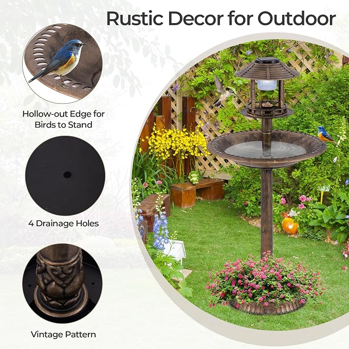 LDAILY Outdoor Bird Bath, 42’’ Solar Lighted Pedestal Birdbaths with Birds Feeder ,20’’ Water Bowl, Flower Planters and 3 Stakes, Attract Birds Antique Bird Bath for Outside Garden, Yard (Bronze, 42‘’)