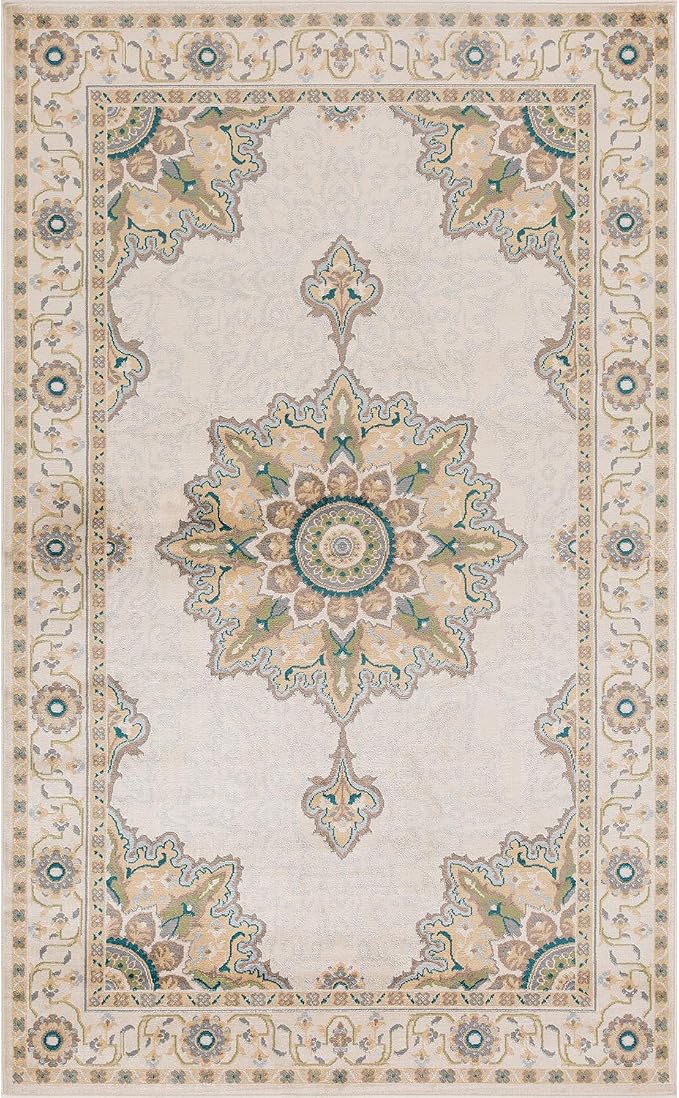 Superior Indoor Area Rug or Runner, Patchwork Rustic Leaves Floor Decor, Soft Plush Rugs for Living Room, Office, Kitchen, Dining, Aesthetic Home Accessories, Zelder Collection 8ft x 10ft - Beige