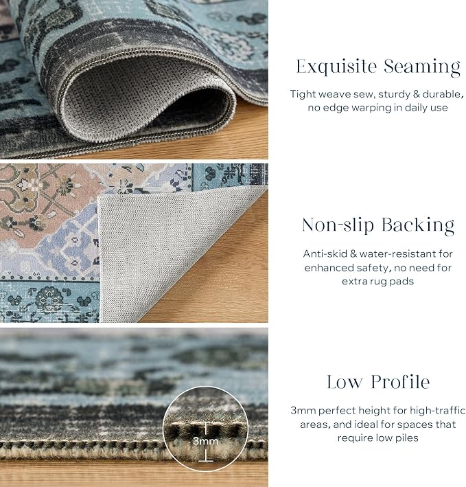 Phantoscope Washable Area Rug 5'x7' Non-Slip, Vintage Boho Rugs for Living Room, Bedroom, Dining Room, Distressed Moroccan Mosaic Diamond Pattern, Low-Pile Foldable Floor Carpet, Blue Teal/Neutral