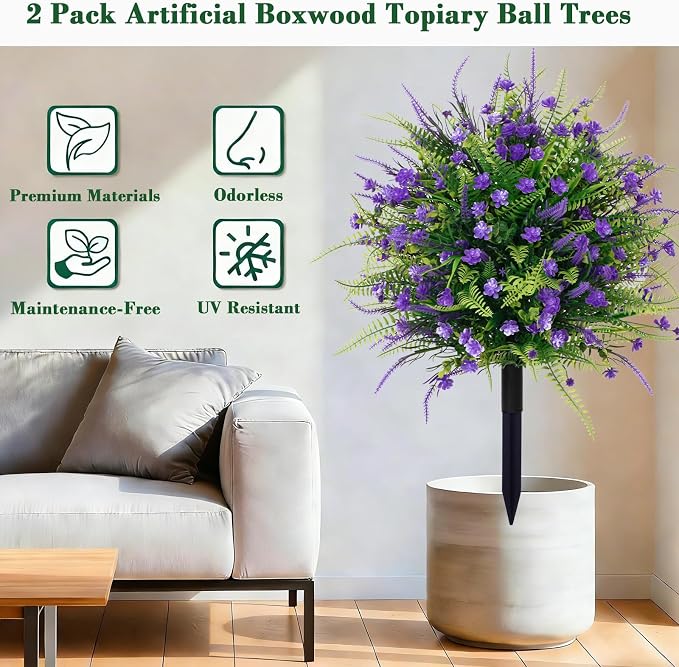 Artificial Boxwood Plants Outdoor with Stake,Set of 2 Artificial Topiary Ball Flowers Faux Shrubs Bushes with Spike, UV Resistant Fake Flowers Ball Tree for Planter Filler Garden Front Porch D17