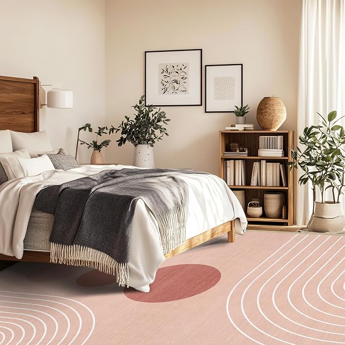 8x10 Area Rug for Living Room Boho Modern Minimalist Geometric Abstract Large Rug Pink Mid Century Modern Machine Washable Non-Slip Printed Low-Pile Indoor Floor Carpet Dining Room Bedroom Pink