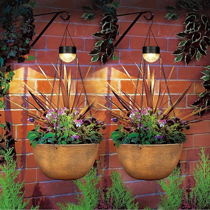 SUNNYPARK 2 Packs Hanging Planters Basket for Outdoor Plants, Solar Powered Self Watering Bronze Round Plastic Flower Pots with Drainer for Balcony Patio Garden Outdoor Decoration