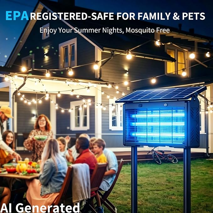 Solar Bug Zapper, 2500V Grid, 8000mAh Battery, 365-395nm UV Light, IPX5 Waterproof, Dusk-to-Dawn Sensor, 1 Acre Coverage, Black, for Outdoor Indoor Use (20inch)