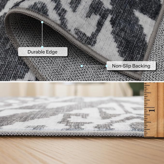 Machine Washable Area Rug - Living Room Bedroom Bathroom Kitchen Entryway Office - Non-Slip Crease Free Stain Resistant Premium - Moroccan Diamond Tribal- Jax - Gray- 2'x 3'