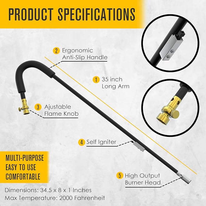 Houseables Weed Torch, Weed Burner Torch for Propane Tank, Propane Flame Thrower, Flamethrower, Blowtorch, for Weeder, Garden, Fire Starter, Outside, Grass, Lawns, Burning, Snow, Cane, Self Igniting