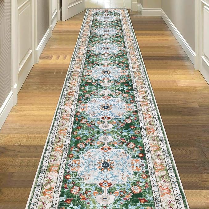 U'Artlines 2.6' x 20' Extra Long Boho Hallway Runner Rug, Green | Non Slip Washable Vintage Farmhouse Accent Area Rug Carpet for Kitchen Entryway Laundry and Living Room