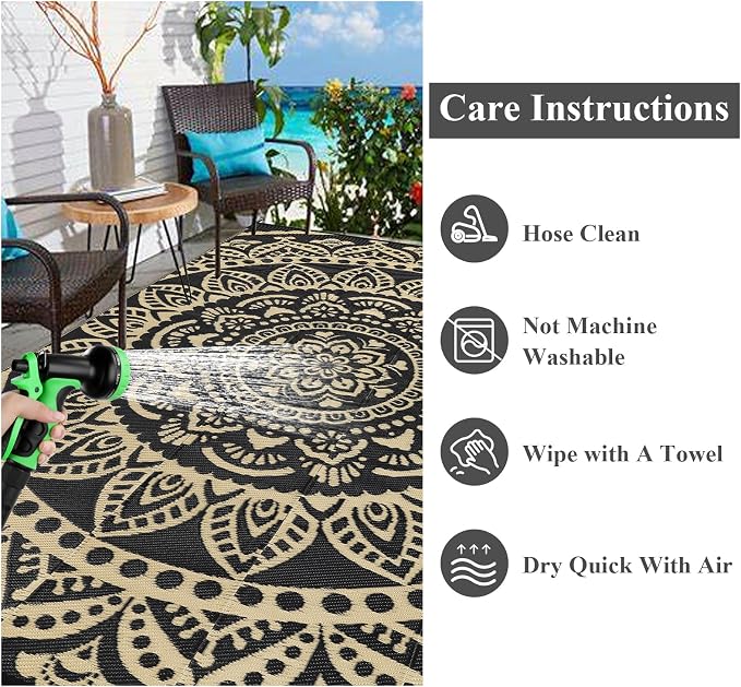 Bsmathom Waterproof Outdoor Rug 8'x10' Reversible Boho Plastic Straw Patio Deck Camping Rugs, Indoor Outdoor Portable RV Mat Clearance Carpet for Outside, Porch, Balcony, Backyard, Flower Black Gold