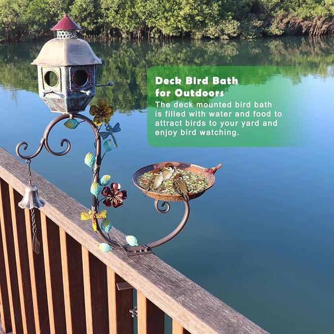 HLQMFHT Deck Bird Bath, Metal Bird Bath and Bird Houses, Decorative Deck Mounted Bird Baths, Detachable and Adjustable Sturdy Deck Bird Bath for Outdoor Porch Yard Garden Decoration