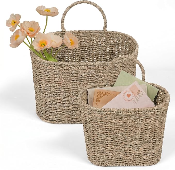 iEGrow Set of 2 Hanging Basket, Wicker Wall Basket Natural Seagrass, Hanging Baskets for Organizing and Decor, Storage Baskets for Door Mounted Entryway Flower Mail Plant Garden