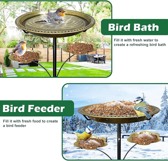 Bird Bath for Outside, Vintage Freestanding Birdbaths with 5-Pronged Base, Removable Bird Bath Bowl & Bird Feeder for Outdoors Garden Patio Yard Lawn Decor,Easy to Clean (Antique Gold)