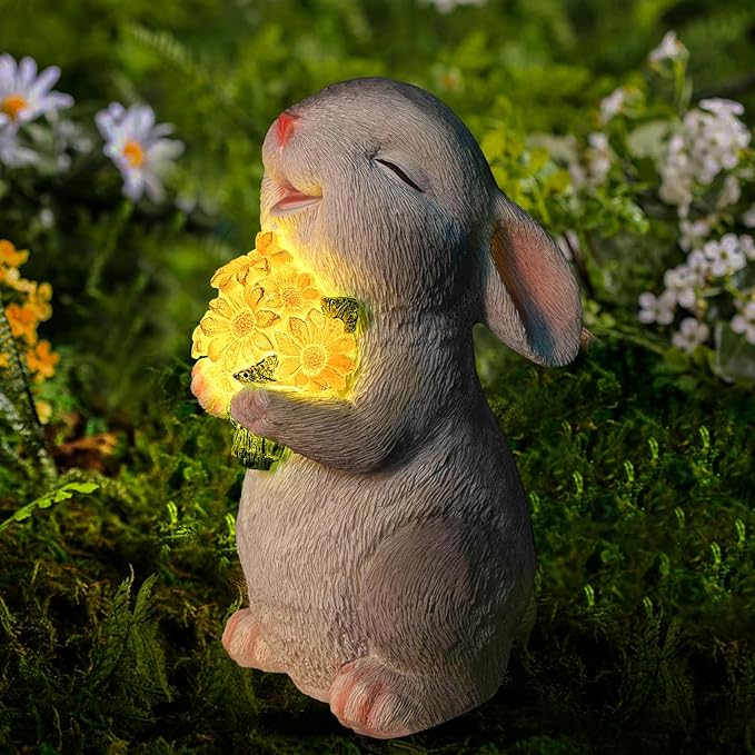 Solar Rabbit Garden Statues Outdoor Bunny Decor Resin Rabbit Figurine Holding Sunflower with LED Lights for Proch Patio Lawn Yard Mother's Day Christmas Birthday Gardening Gifts for Mom Women