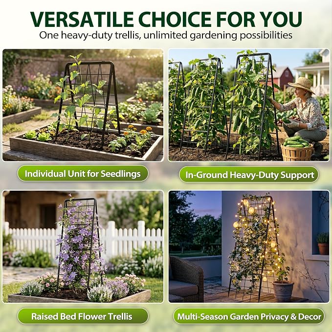 Heavy Duty 2 Pack 50"x17" Adjustable A-Frame Trellis for Climbing Plants Outdoor, Metal Rust-Proof Garden Trellis, Dense Grid Climbing Frame Trellis for Raised Beds, Cucumber, Tomatoes Outdoor