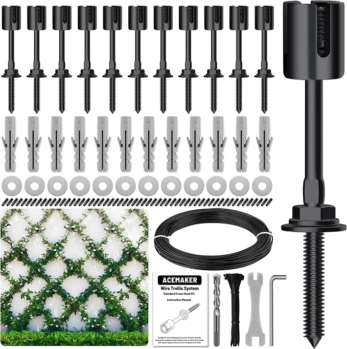 Wire Trellis Kit, 12-Set 1/8” Black Crosshead with 53ft Cable | T316 PVD black stainless steel hubs, vinyl coated cable, wall wire trellis system for outdoor climbing plants